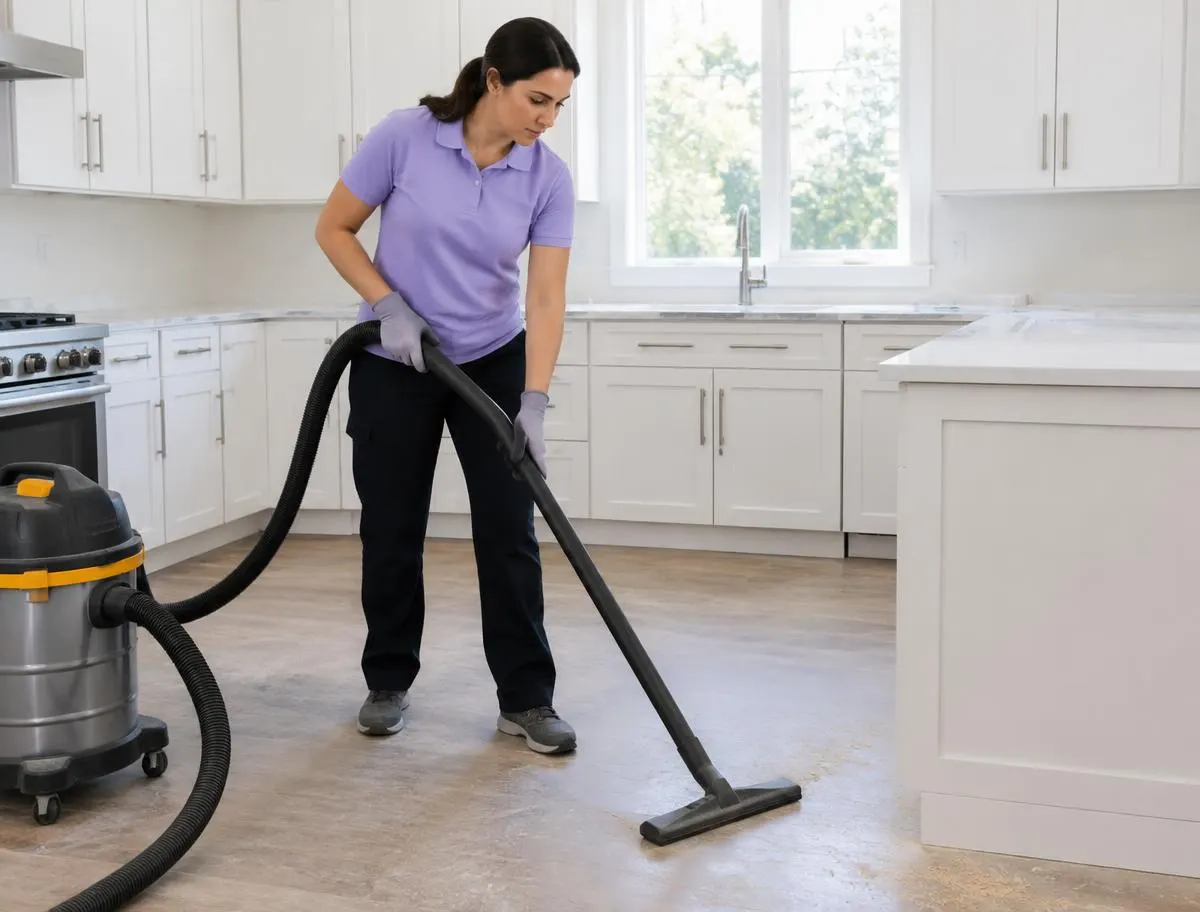Cleaner vacuuming construction dust from a newly renovated kitchen