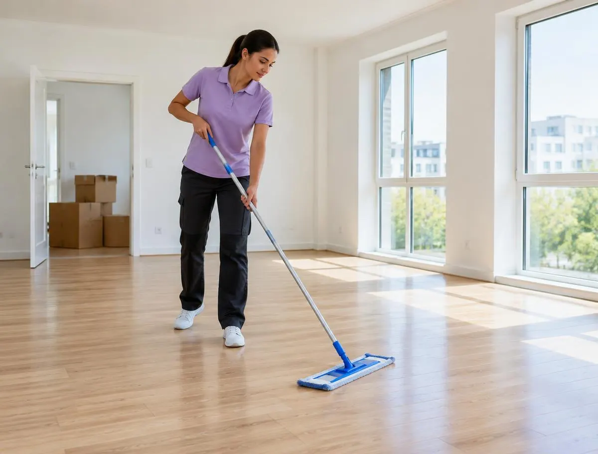 Cleaner mopping an empty apartment with moving boxes near the doorway