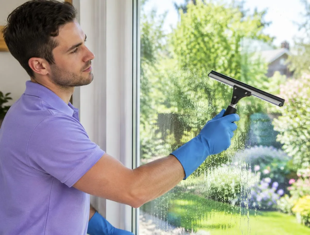 Professional window cleaner using a squeegee on residential glass